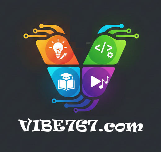 Vibe767 logo featuring four colorful quadrants: orange pillar with lightbulb representing creativity, green pillar with code brackets representing software development, blue pillar with graduation cap representing learning, and purple pillar with play and music notes representing entertainment. Connected by circuit-like lines, the design conveys innovation and interconnected digital culture.